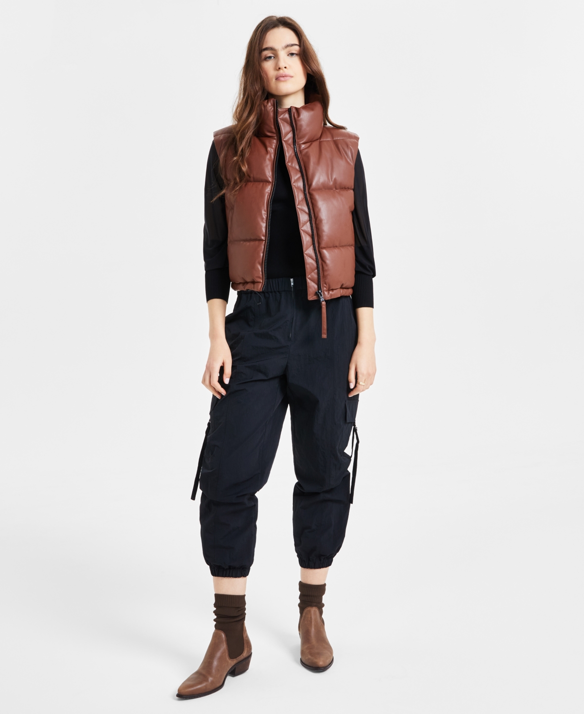 Women's Faux-Leather Stand-Collar Puffer Vest - Black