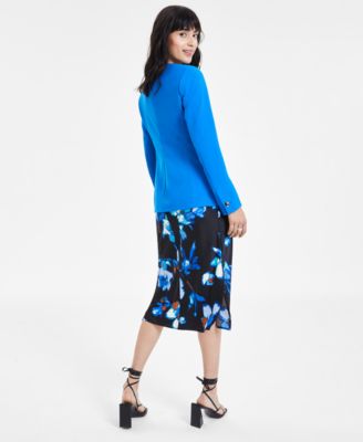 Shop Bar Iii Womens Floral Print Bias Cut Midi Dress Textured Crepe Blazer Created For Macys In Black,french Blue