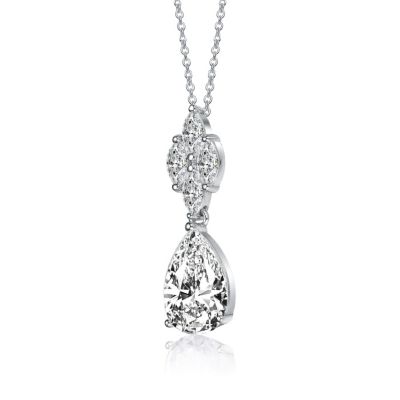 Sterling Silver with White Gold Plated Clear Pear with Marquise Cubic Zirconia Cluster Accent Drop Necklace