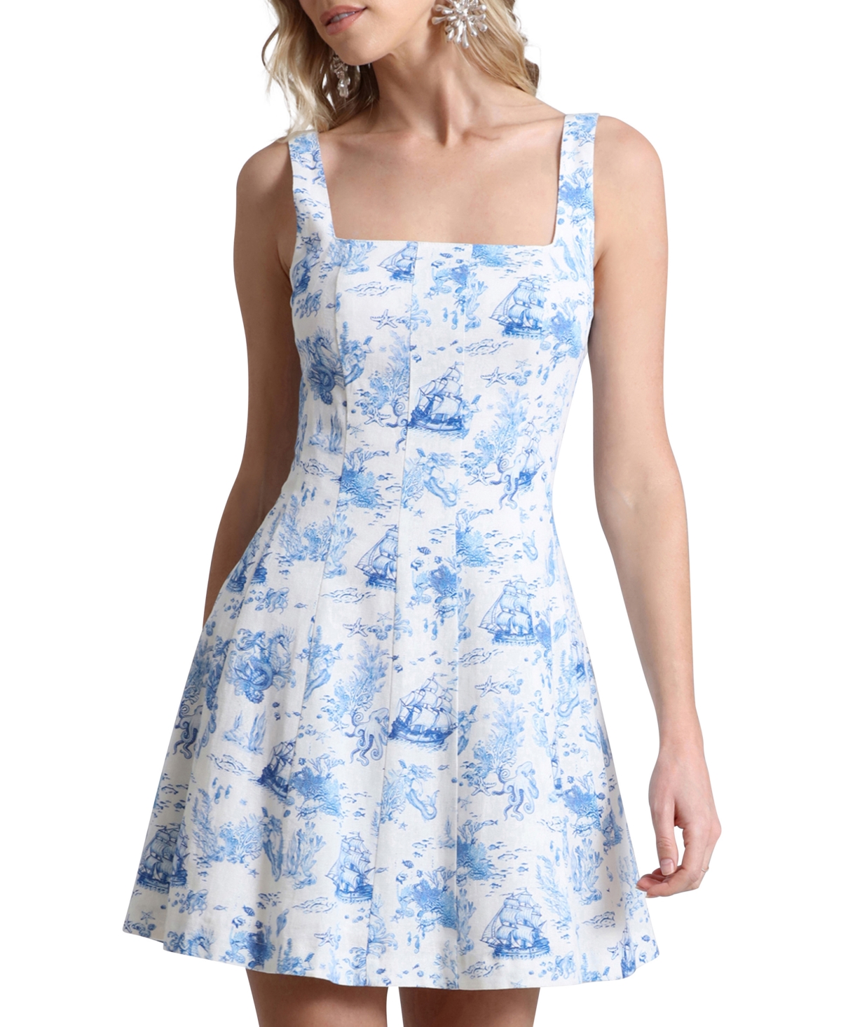 Shop Avec Les Filles Women's Toile-print Linen-blend Fit & Flare Dress In Mermaid Toile