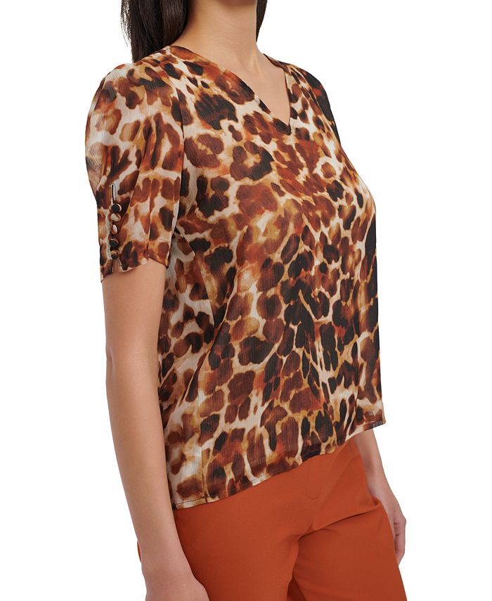 Calvin Klein Women's Animal Print Puff Sleeve Midi Shirtdress Brown Size 2