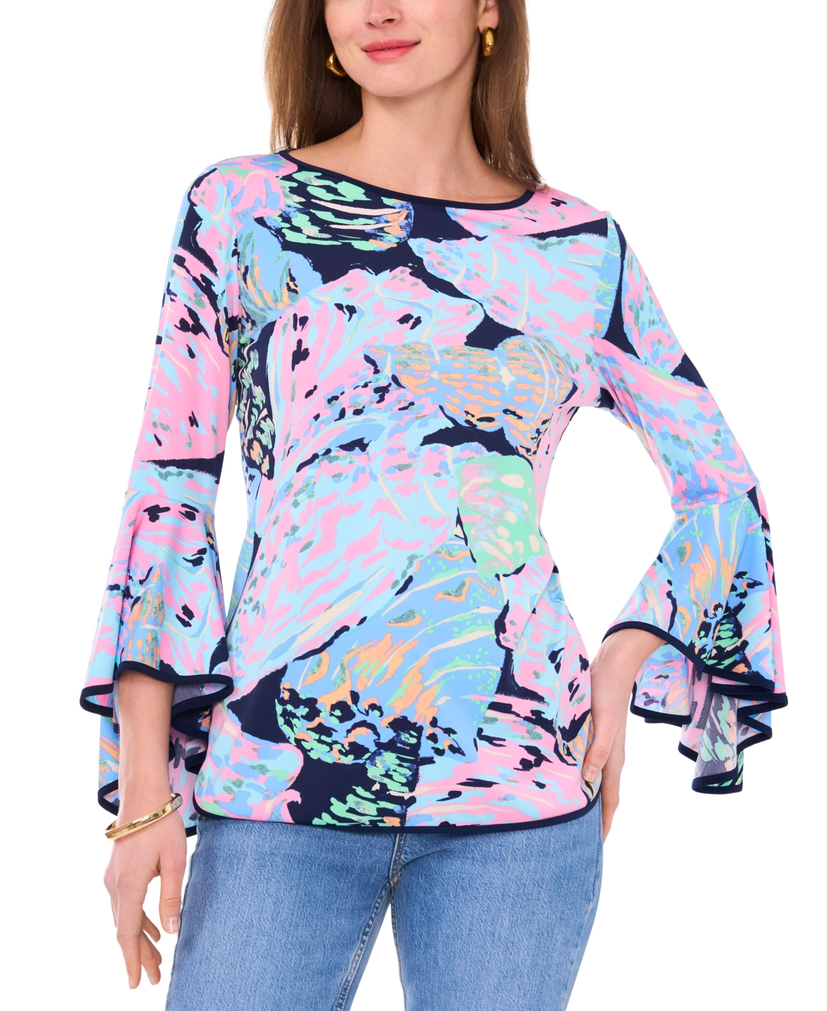 Shop Sam & Jess Women's Bell-sleeve Top In Navy Abstract