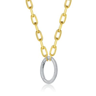 Rectangle-shaped 14k Gold-plated Chain With Round-brilliant stones Pendant Cubic Zirconia In Sterling Silver.