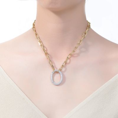 Rectangle-shaped 14k Gold-plated Chain With Round-brilliant stones Pendant Cubic Zirconia In Sterling Silver.