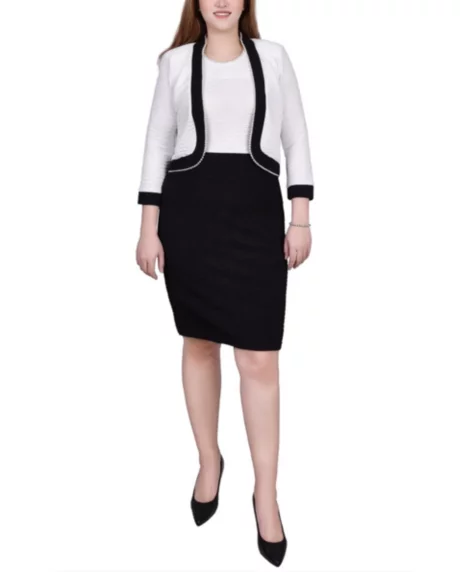 Petite 3/4 Sleeve Textured Knit 2 Piece Dress Set - Black