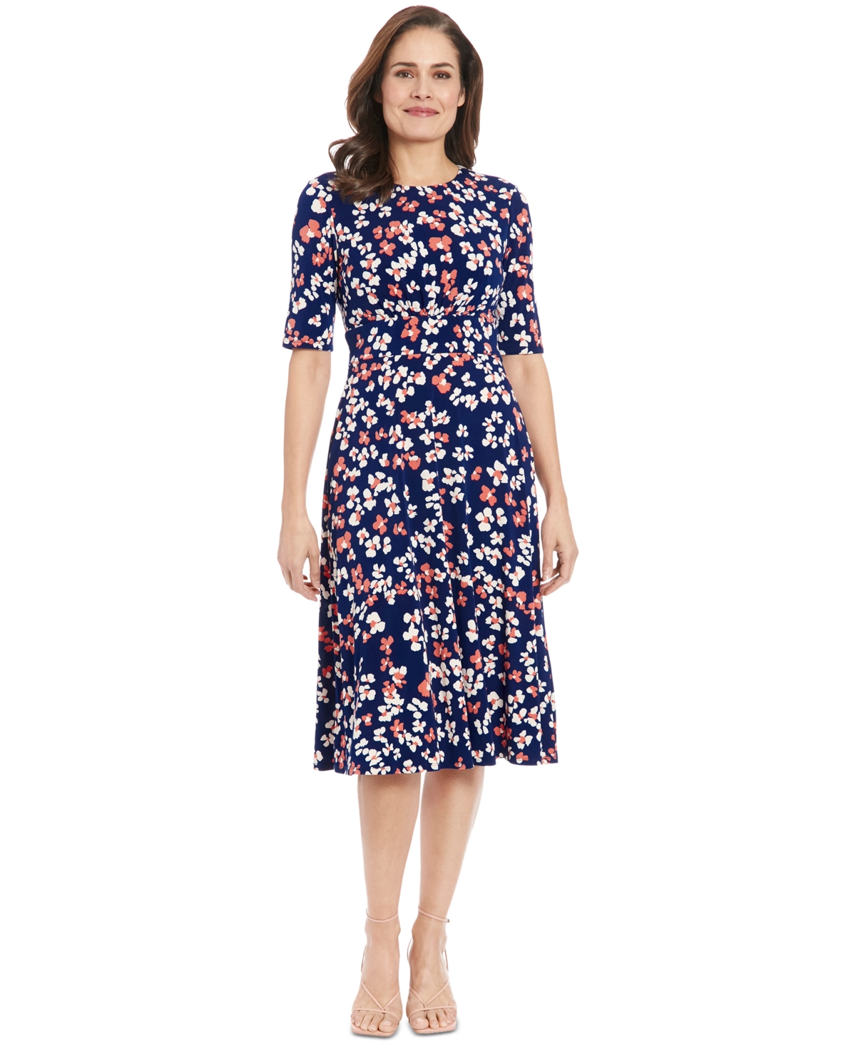 Shop London Times Petite Printed Jersey A-line Midi Dress In Navy Coral