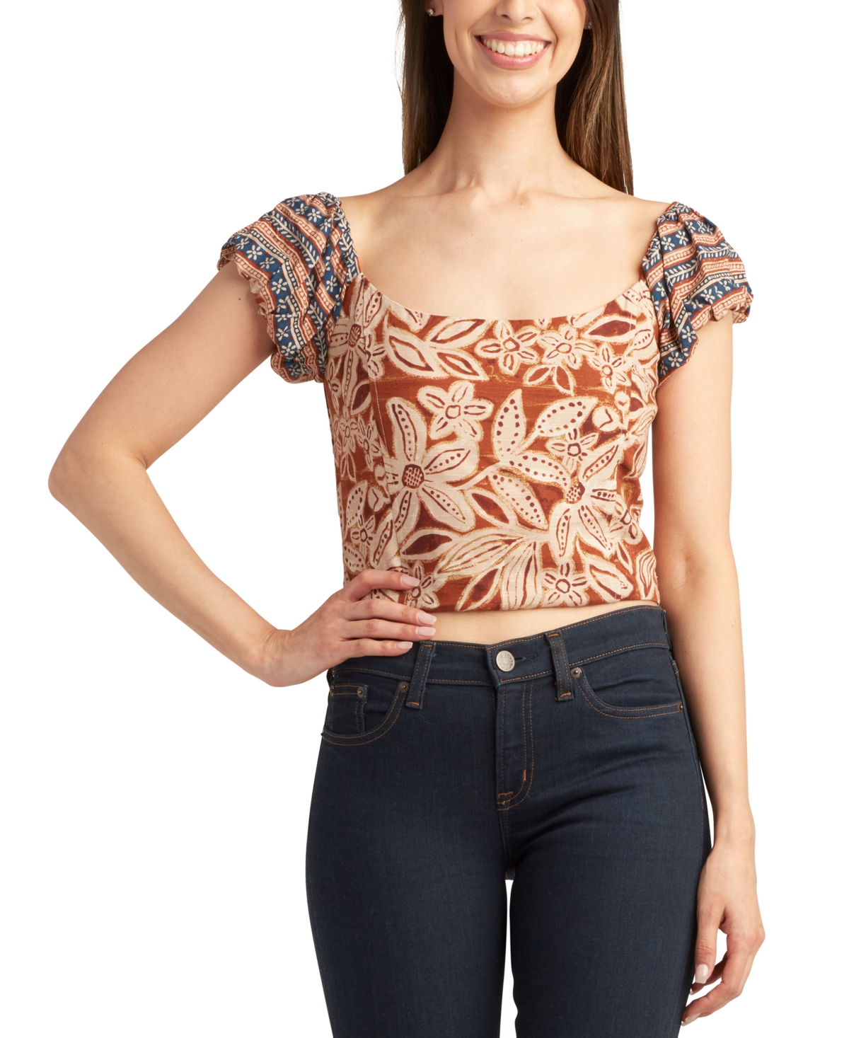 Juniors' Printed Square-Neck Puff-Sleeve Top - Color 1