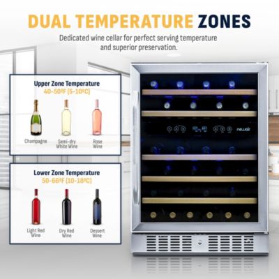24 Inch Built-in 46 Bottle Dual Zone Compressor Wine Fridge in Stainless Steel, Quiet Operation with Beechwood Shelves