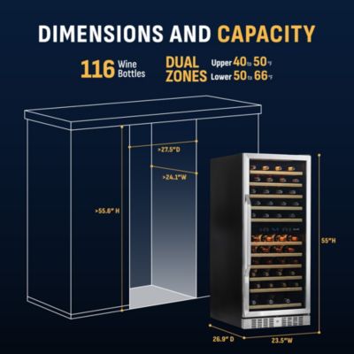 27" Built-in 116 Bottle Dual Zone Compressor Wine Fridge in Stainless Steel, Quiet Operation with Smooth Rolling Shelves