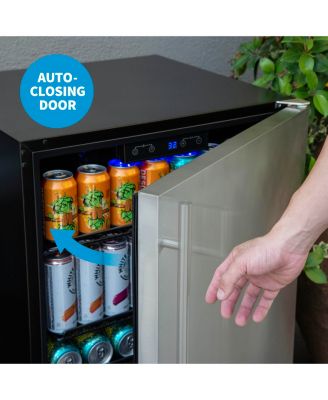 24" Built-in 160 Can Outdoor Beverage Fridge in Weatherproof Stainless Steel with Auto-Closing Door and Easy Glide Casters