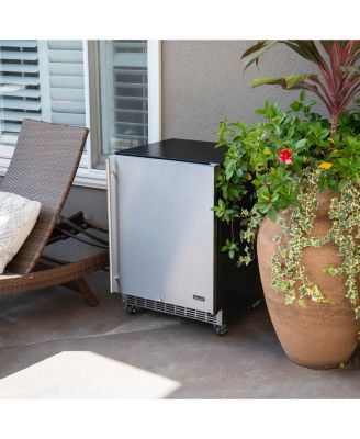 24" Built-in 160 Can Outdoor Beverage Fridge in Weatherproof Stainless Steel with Auto-Closing Door and Easy Glide Casters