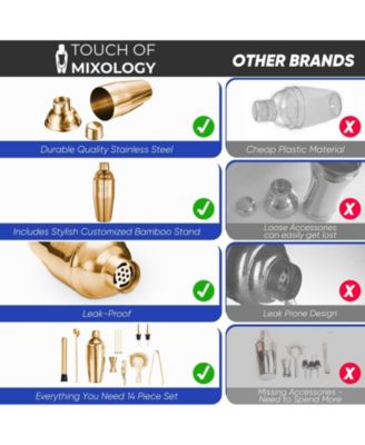 Premium 14 Piece Stainless Steel Bartender Kit with Bamboo Stand (Gold)