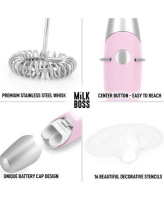 Milk Boss Portable Milk Coffee Frother Handheld Whisk Mixer with 16-Piece Stencils