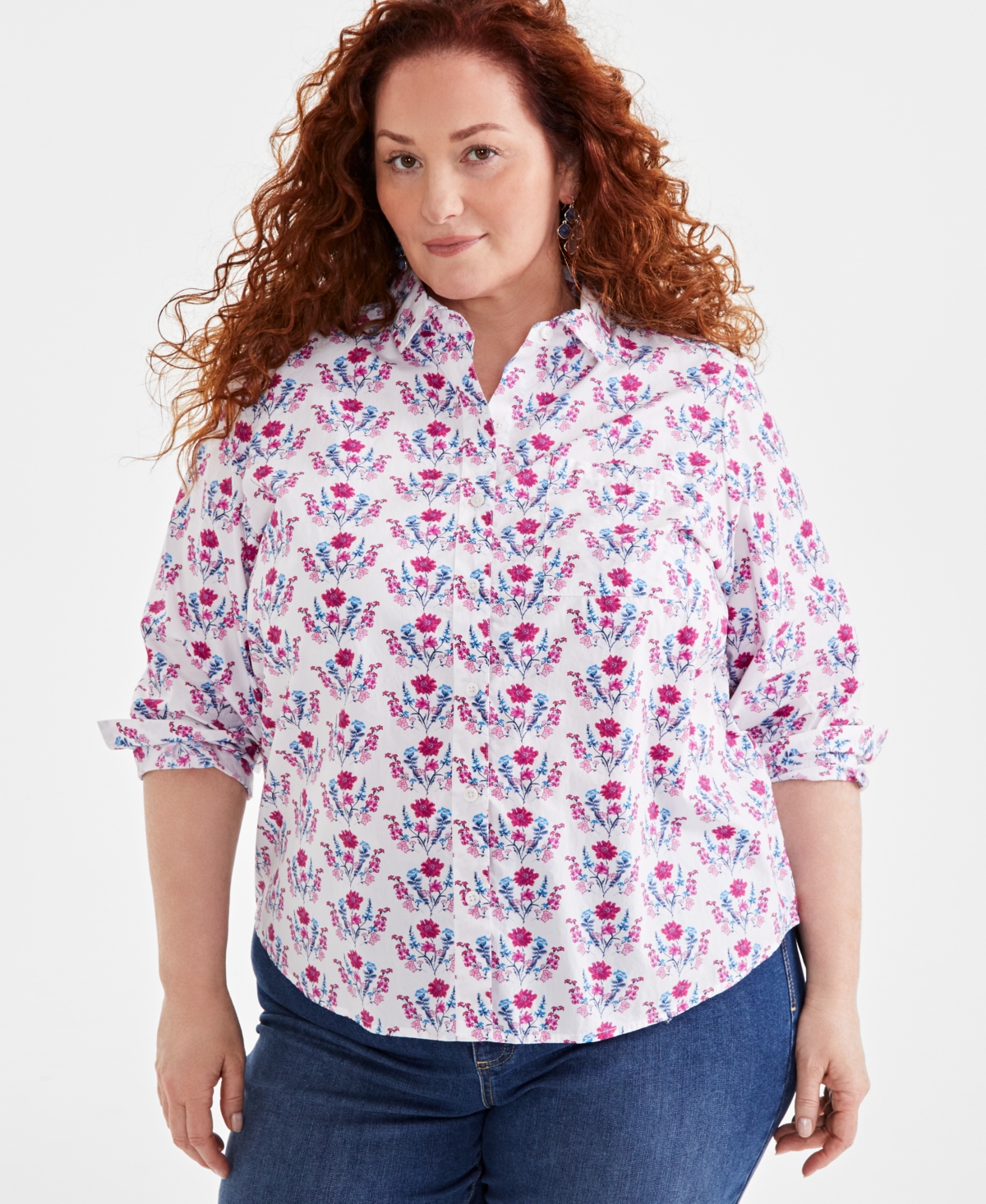 Style & Co Plus Size Cotton Button Down Shirt, Created for Macy's - Bouquet White