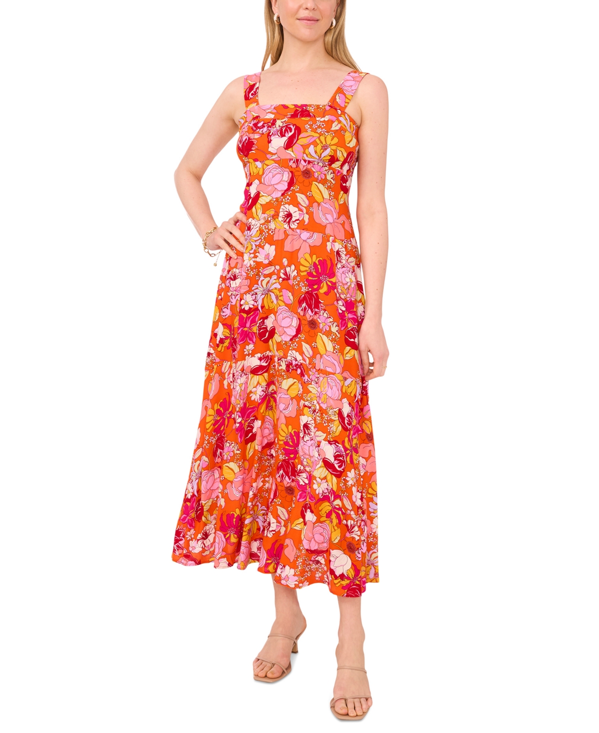 Petite Printed Square-Neck Sleeveless Dress - Orange Pink