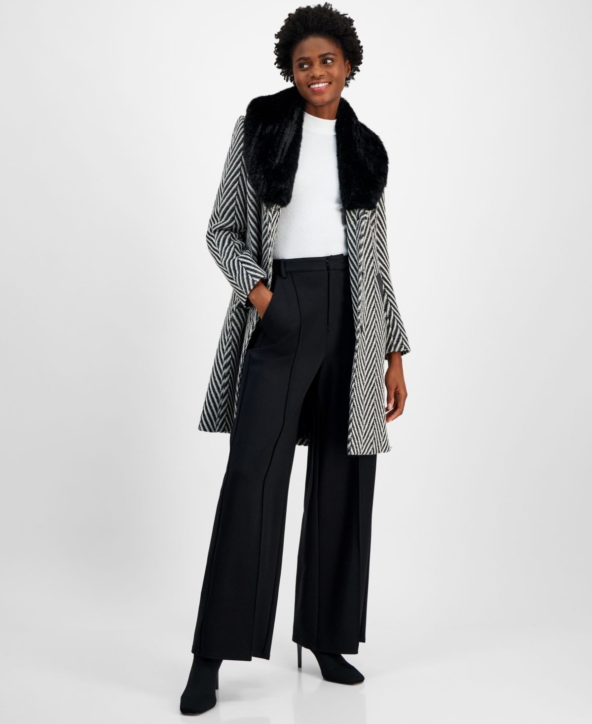 Via Spiga Women's Faux-Fur-Collar Chevron Coat