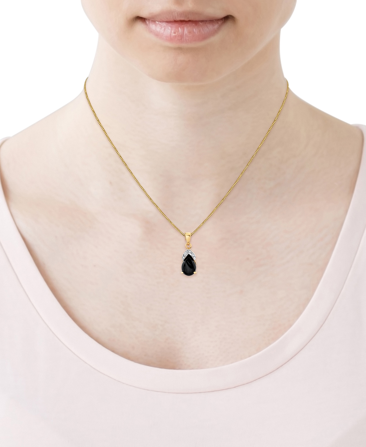 Macy's Onyx & Diamond Accent Pear-shaped 18" Pendant Necklace In 14k Gold In Onyx