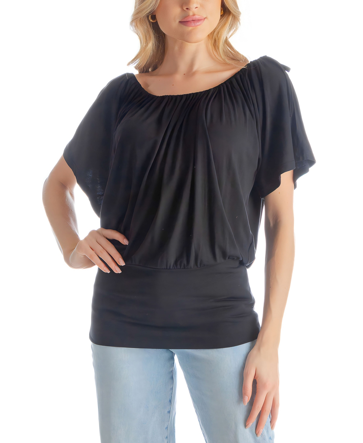 Shop 24seven Comfort Apparel Solid Color Short Sleeve Split Shoulder Top In Black