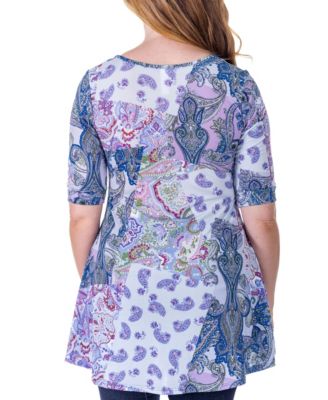 Print Elbow Sleeve V Neck Henley Tunic Top