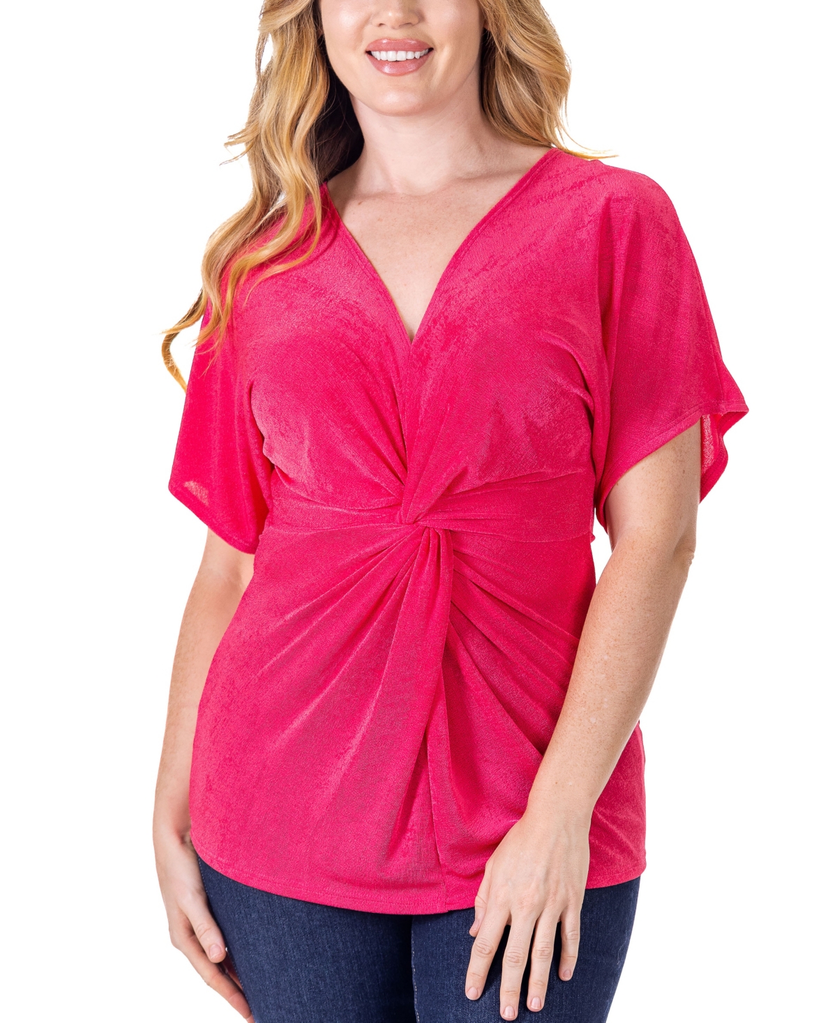 Shop 24seven Comfort Apparel V Neck Knot Front Kimono Sleeve Top In Pink