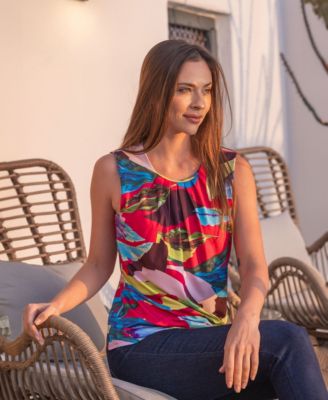 Print Pleated Crew Neckline Back Closure Sleeveless Top