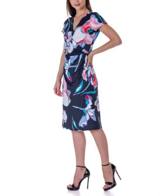 Print Knee Length Short Sleeve Faux Wrap Dress