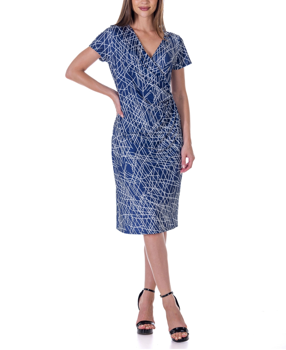 24seven Comfort Apparel Print Knee Length Short Sleeve Faux Wrap Dress In Blue