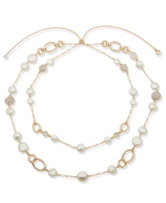 Anne Klein - Gold-Tone Crystal & Imitation Pearl 26" Adjustable Layered Necklace