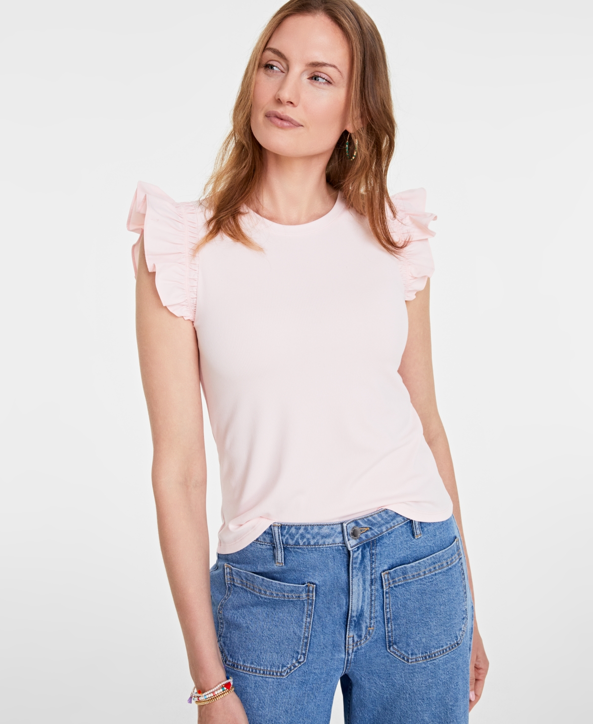 On 34th Women's Ruffle-sleeve Knit Top, Created For Macy's In Pink Dogwood