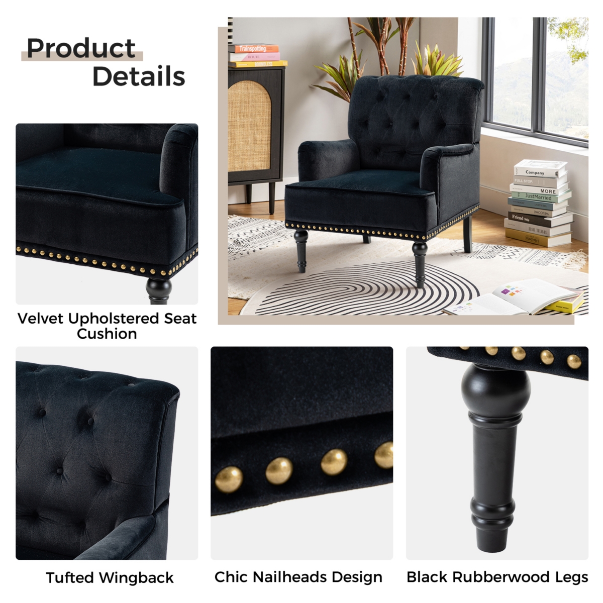 Velvet Tufted Upholstered Armchair with Nailhead Trim
