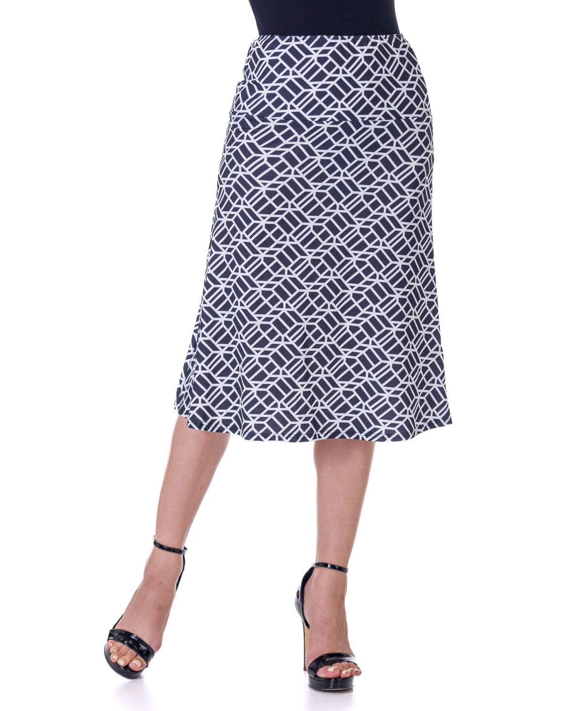 Black Geometric Print Comfortable Elastic Waist Knee Length Skirt - Miscellane