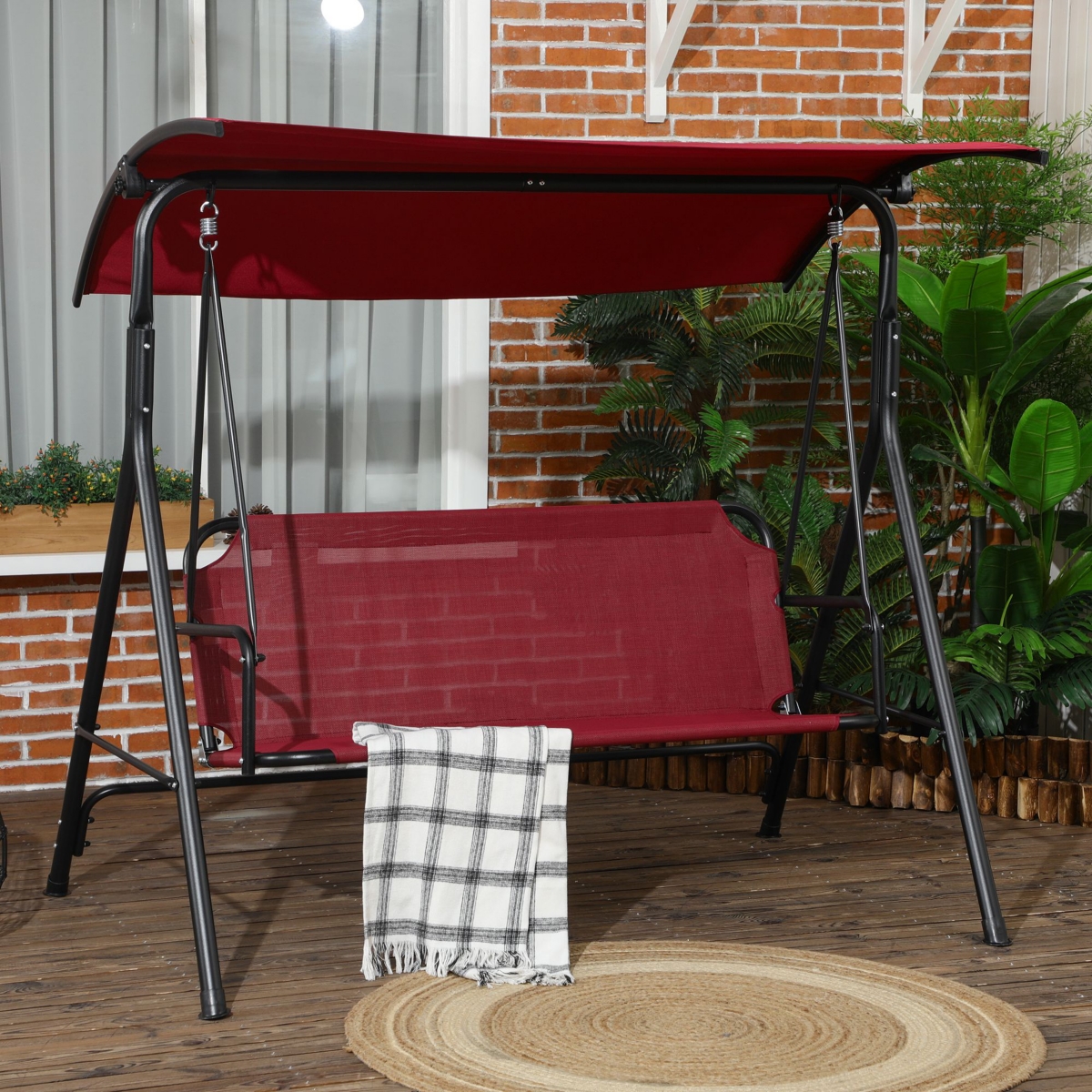 Outsunny 3-Person Porch Swing Bench with Stand & Adjustable Canopy, Armrests, Steel Frame for Outdoor, Garden, Patio, Porch & Poolside, Wine Red - Dar