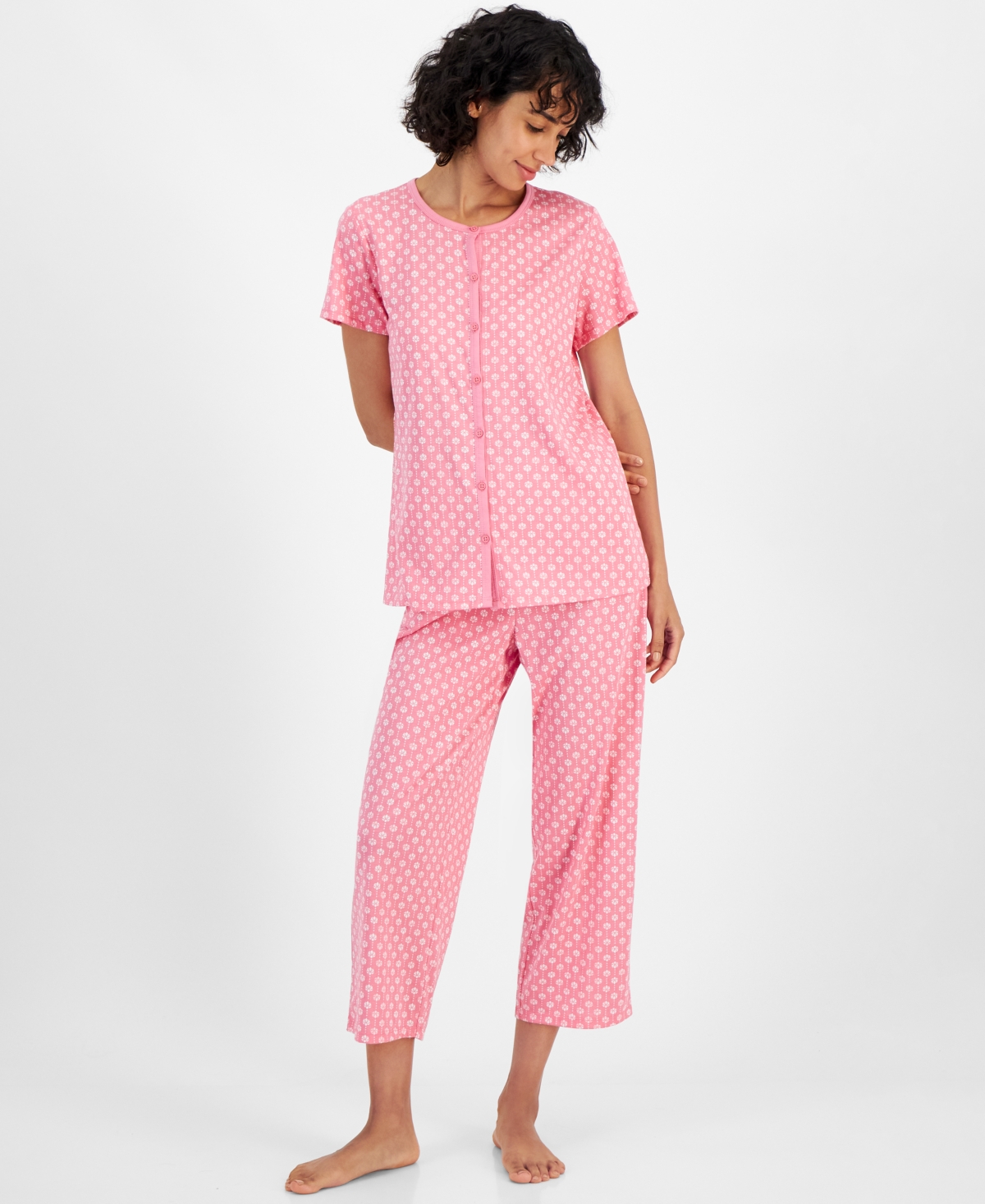 Women's 2-Pc. Cotton Cropped Pajamas Set, Created for Macy's - Geo Shell Pnk