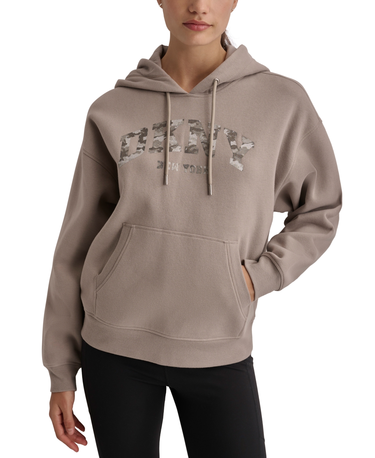 Dkny Sport Women's Varsity Camo Sparkle Logo Fleece Hooded Sweatshirt