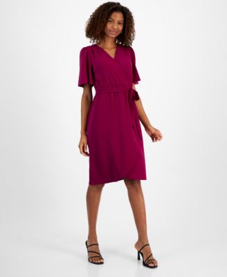 Connected Petite Surplice-Neck Faux-Wrap Flutter-Sleeve Dress Macy's