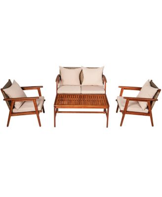 4 Pieces Acacia Wood Patio Rattan Furniture Set with Cushions