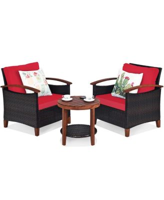 3 Pieces Patio Wicker Furniture Set with Washable Cushion and Acacia Wood Tabletop