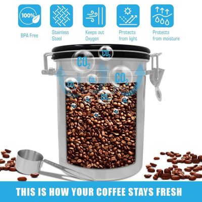 Coffee Storage Canister with Scoop, Date Tracker, Built-In One-Way CO2 Valve & 2 Spare Filter Replacements