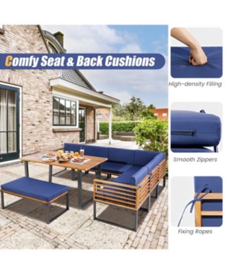 8 Pieces Patio Acacia Wood Dining Table Set with Ottoman Cushions