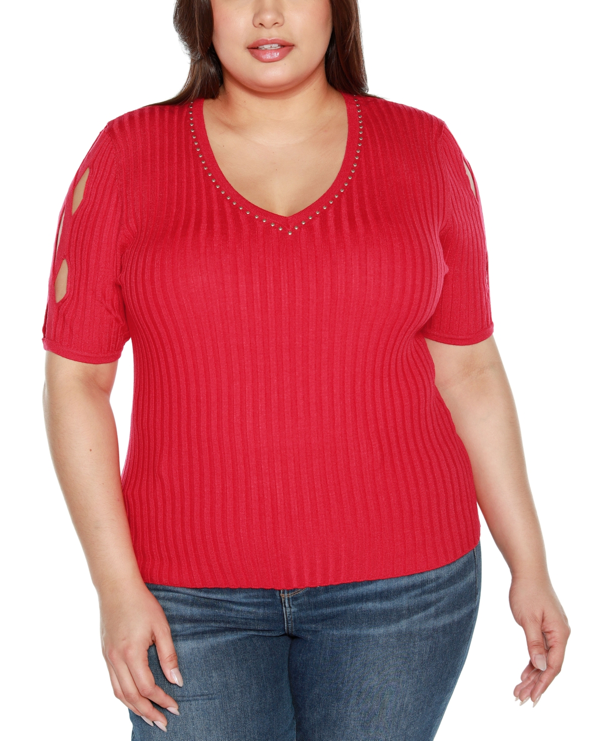 Belldini Black Label Plus Size Embellished Criss Cross Sleeve Sweater In Infrared