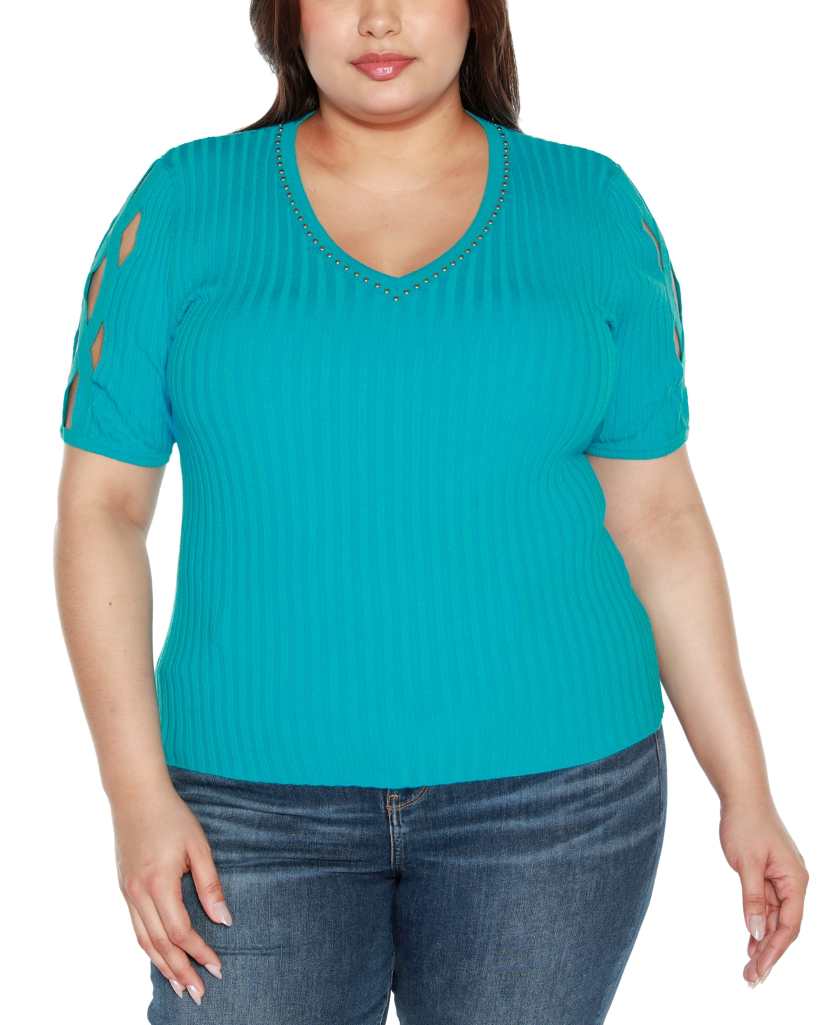 Belldini Black Label Plus Size Embellished Criss Cross Sleeve Sweater In Blue