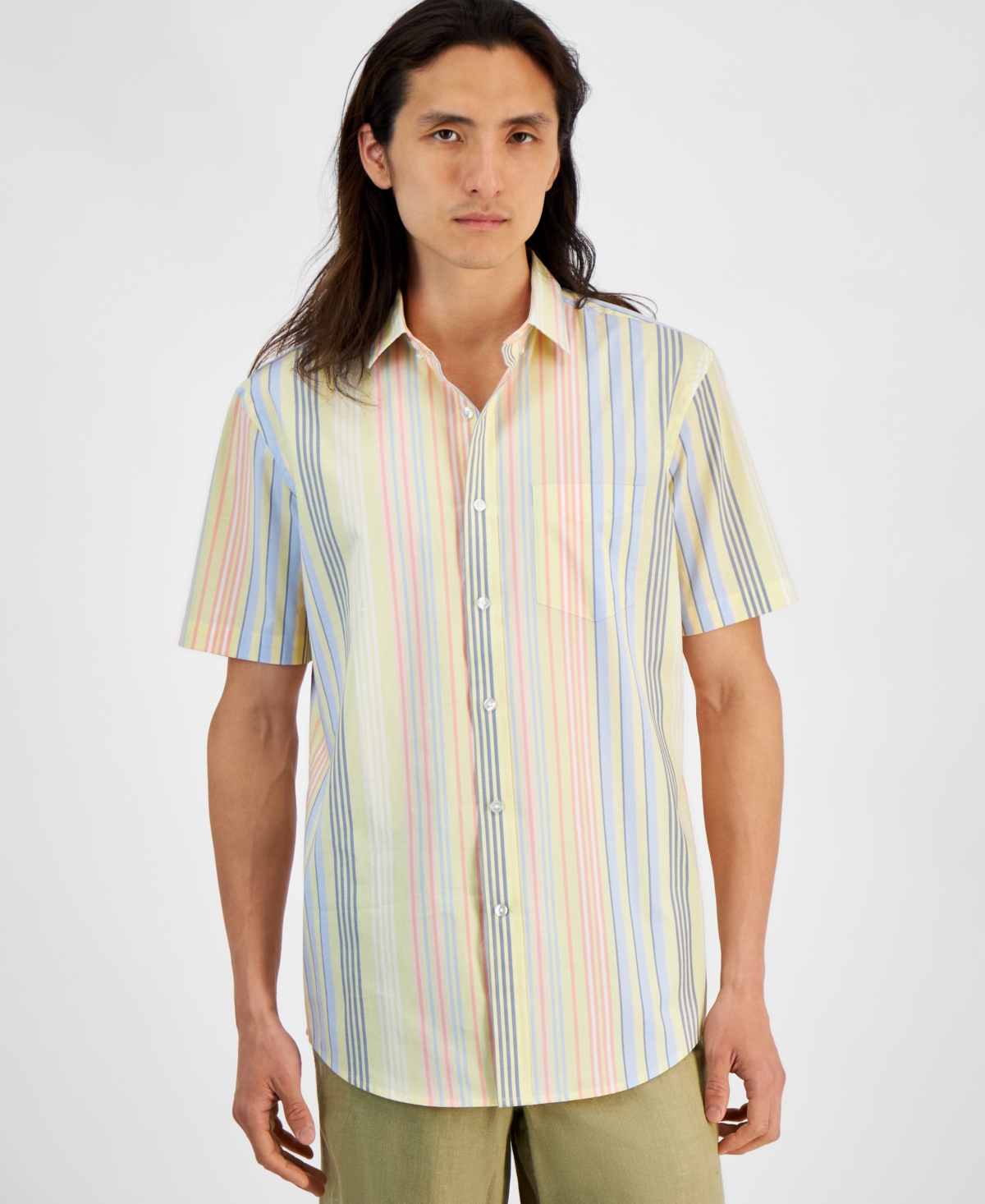 Men's Cali Regular-Fit Stretch Stripe Button-Down Poplin Shirt, Created for Macy's - Lemon Ice