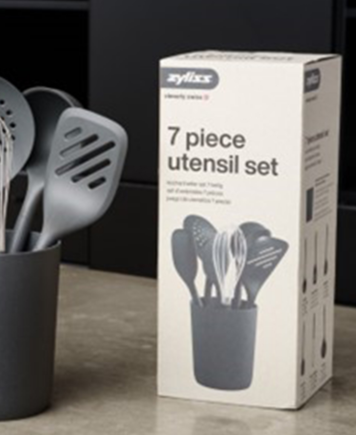 Zyliss Silicone & Nylon 7-pc. Utensil & Storage Crock Set In Dk Gry