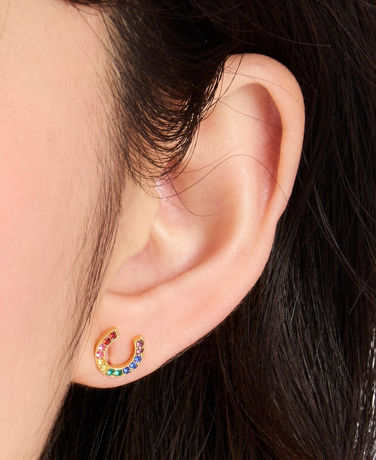 KATE SPADE GOLD-TONE MULTICOLOR PAVE HORSESHOE & CLOVER MISMATCH STUD EARRINGS 