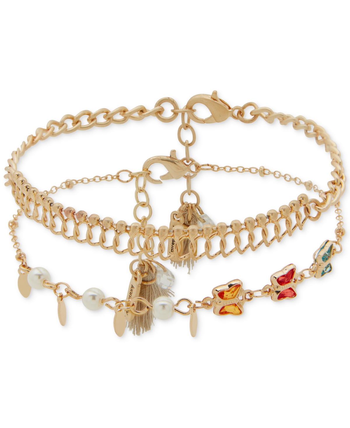 Gold-Tone 2-Pc. Set Color Stone & Imitation Pearl Butterfly Ankle Bracelets - Multi