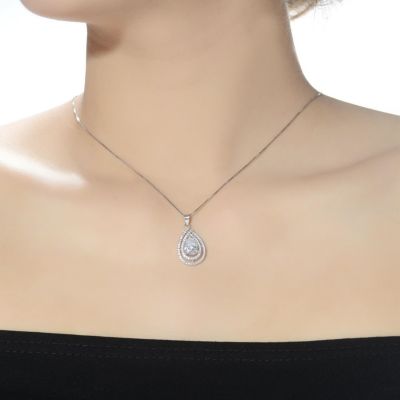 Cubic Zirconia Sterling Silver White Gold Plated Pear Shape Pendant