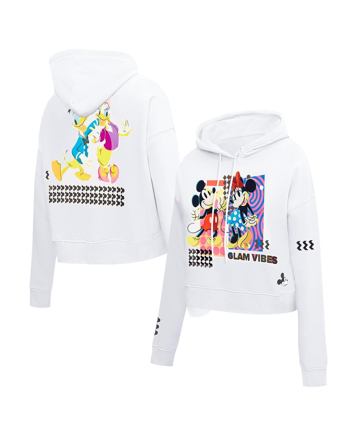 Women's White Mickey Friends Bold Expression Cropped Pullover Hoodie - White