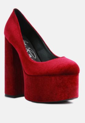 Womens Old Novelty Platform Heel Velvet Pumps