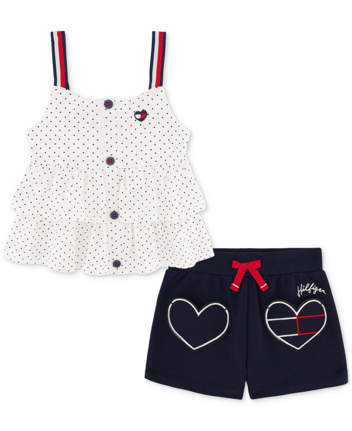 Shop Tommy Hilfiger Baby Girls Tiered Jersey Babydoll Top & French Terry Logo Shorts, 2 Piece Set In Assorted