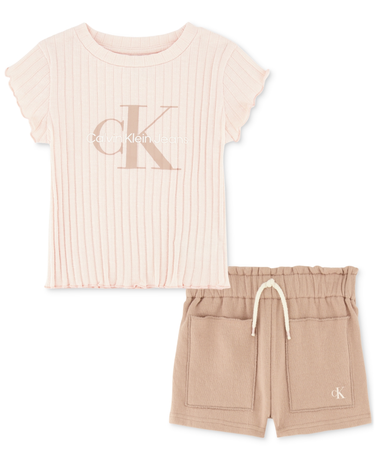 Shop Calvin Klein Baby Girls Ribbed Logo T-shirt & Crepe French Terry Shorts, 2 Piece Set In Assorted